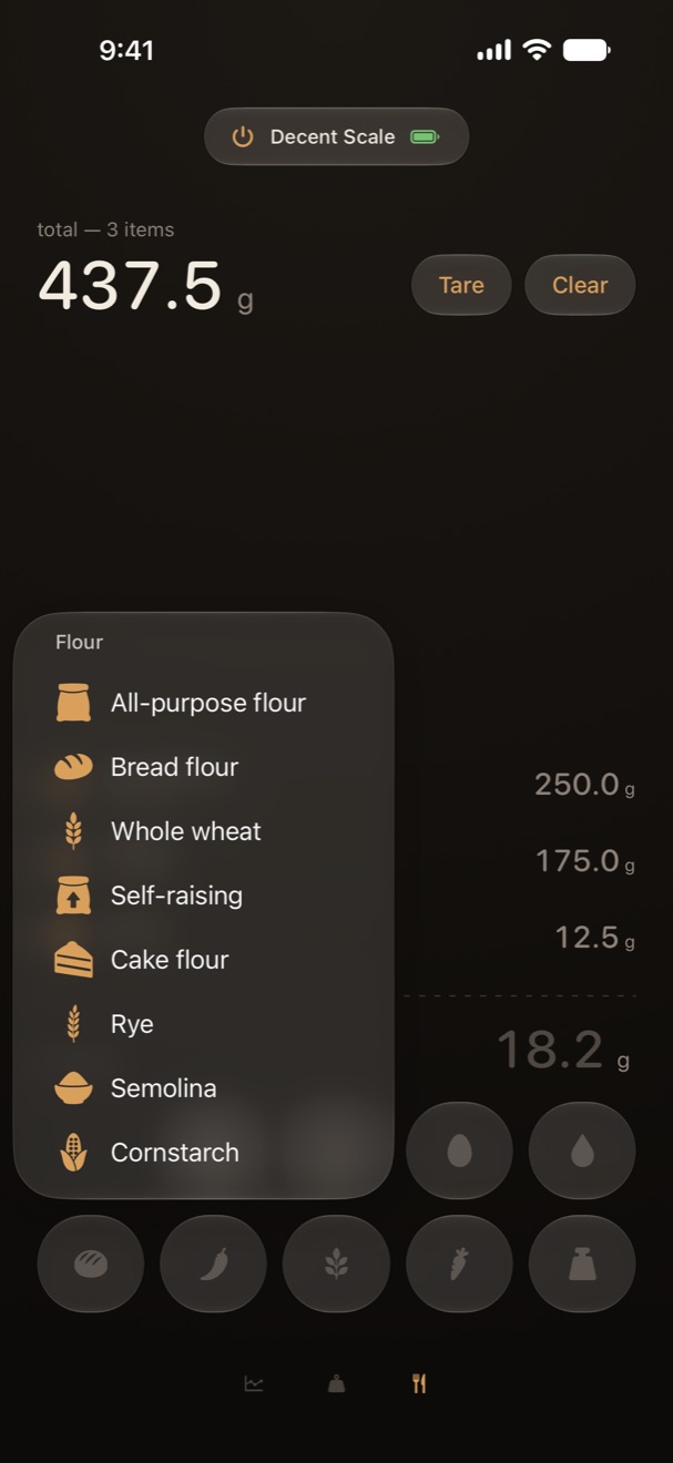 The flour pantry open over the tally grid, listing eight flours