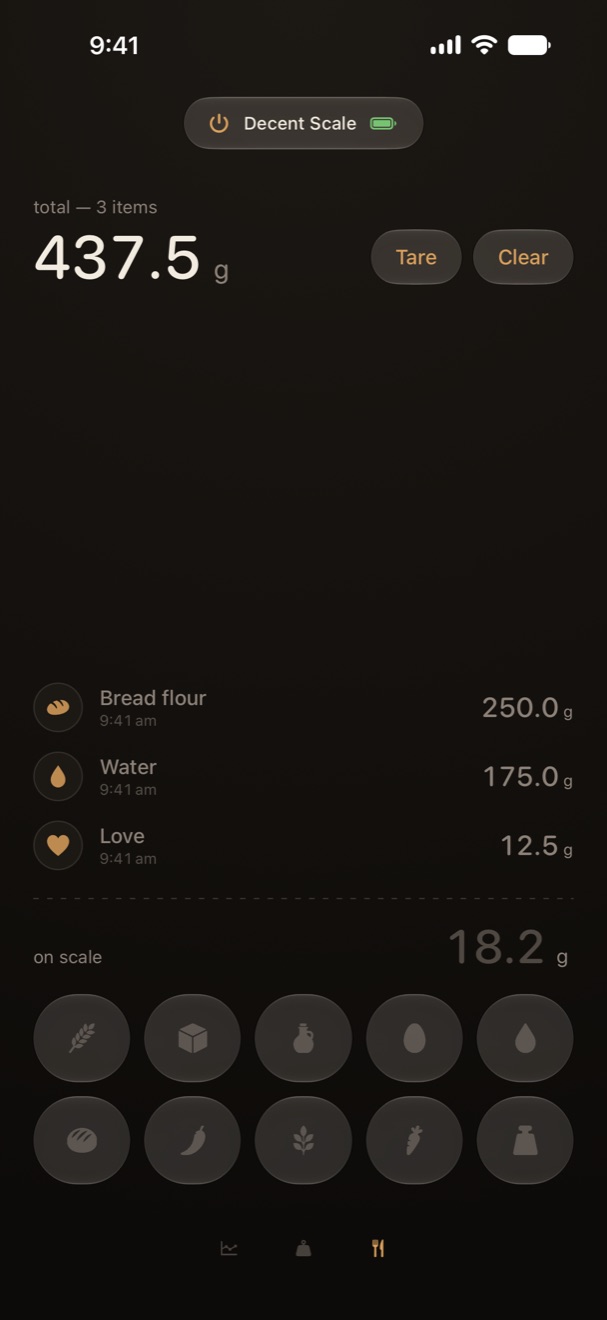 Tally face with bread flour, water, and love banked, and 18.2 g still on the scale