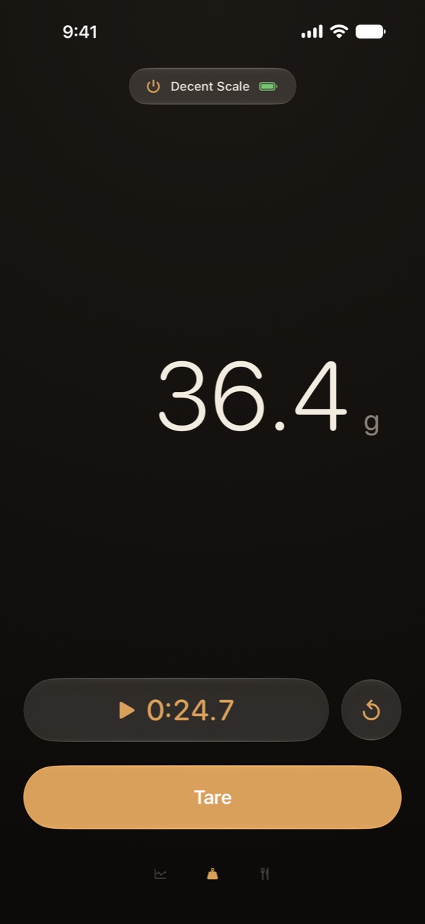 The Weigh face showing 36.4 g in large cream digits, a running timer at 0:24.7, and a gold Tare button.